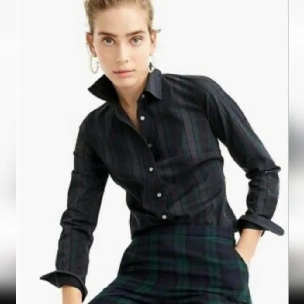 J. Crew Slim Stretch Perfect Shirt In Black Watch Tartan Size 6 EUC - Picture 3 of 14